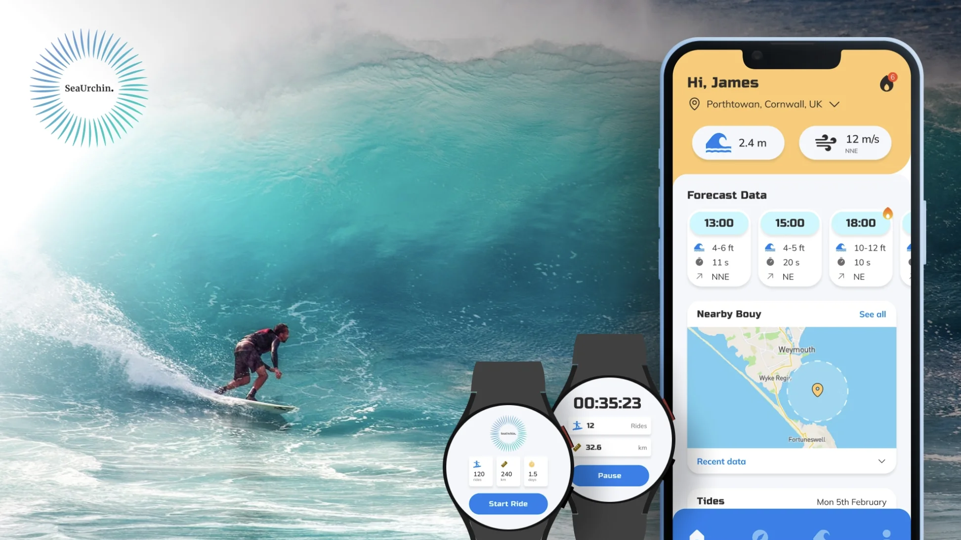 SeaUrchin Surf Tracker - ESA-funded surfing app with phone and watch interfaces